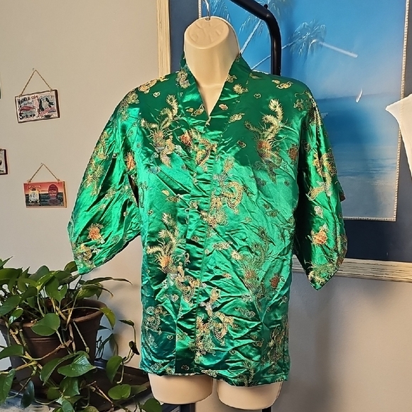 Emerald Green Kimono Robe Dragon Phoenix Embroidered Oriental Asian Style - Picture 1 of 6